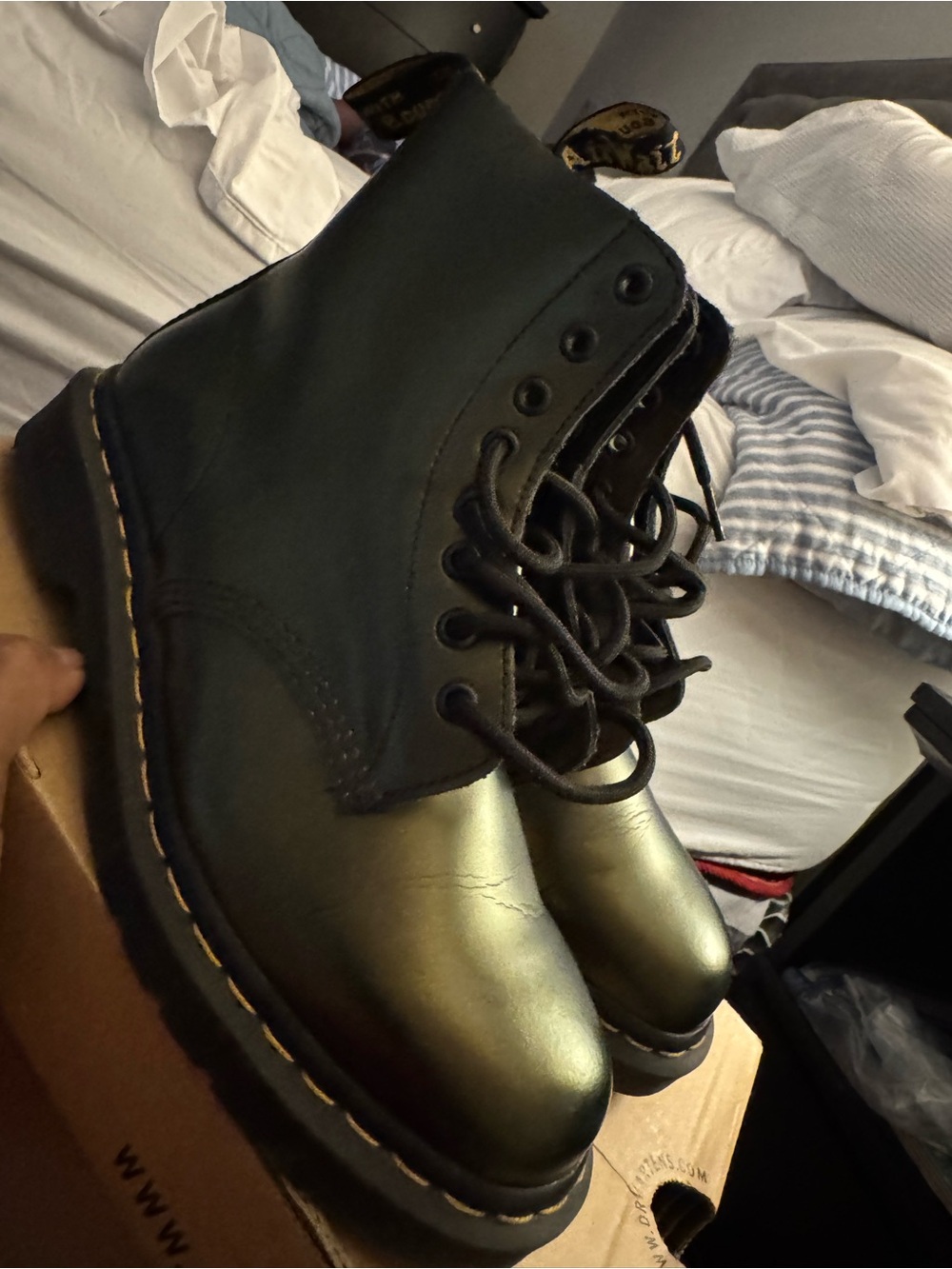 Dr. Martens Black and Olive Green Leather Combat Boots